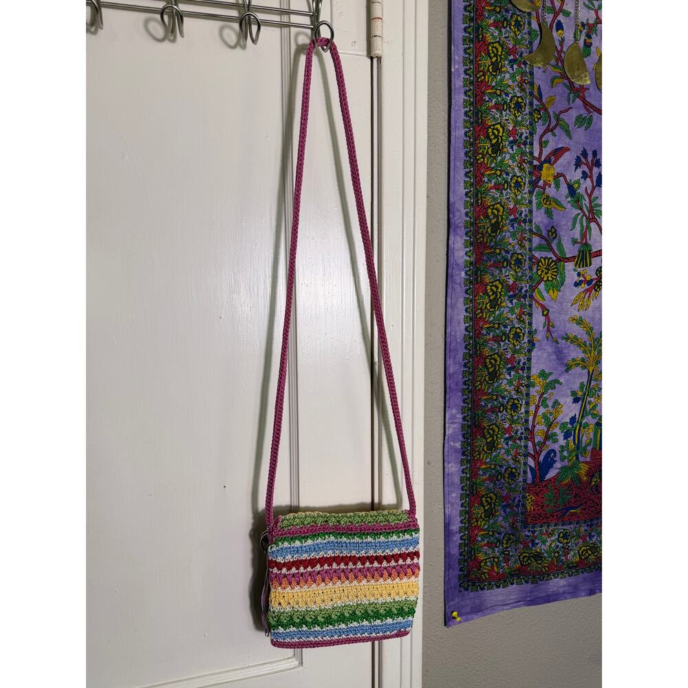 The Sak Crochet Crossbody Bag Multicolor Striped Boho Pink Tassel Small Purse - Picture 6 of 7